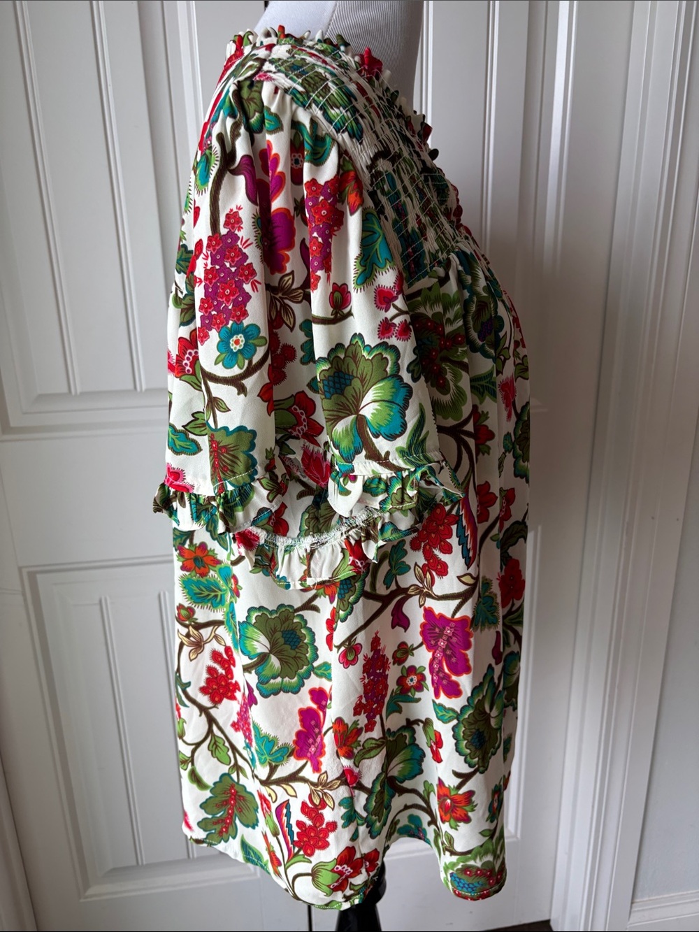Rose & Olive Ivory Floral Smocked-Yoke Blouse with Green & Red Accents - Picture 6 of 8